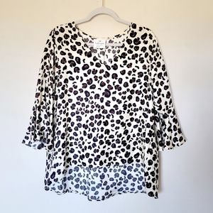 La Roque Original Animal Print 3/4 Bell Sleeve Silk V-Neck Shirt Top